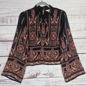 Miss Selfridge Black Red Paisley Blouse 10 Sheer Flare Sleeves Boho Party Chic